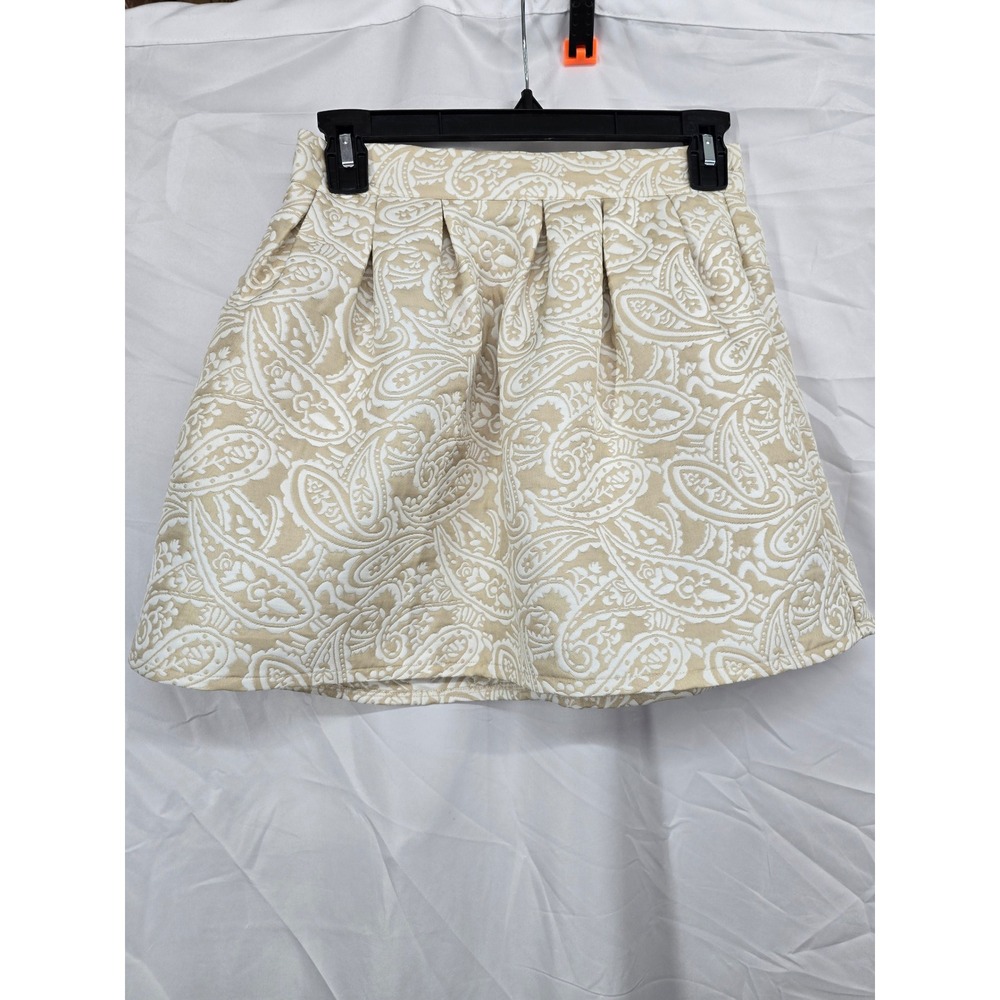 Wish Paisley Brocade‎ Mini Skirt Cream Tan Jacquard Pleated High Waist Small